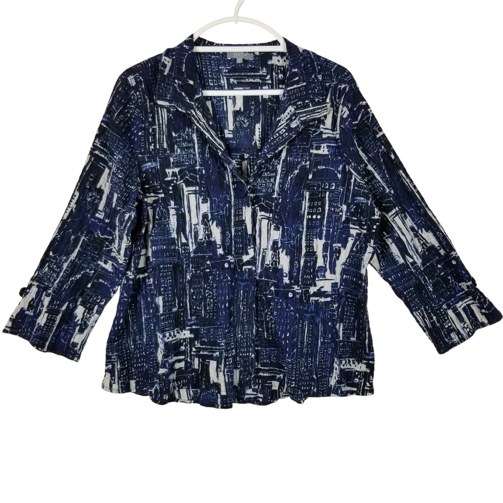 Habitat Button Up Shirt Womens XL Blue Cityscape Print Crinkle Cotton 45210